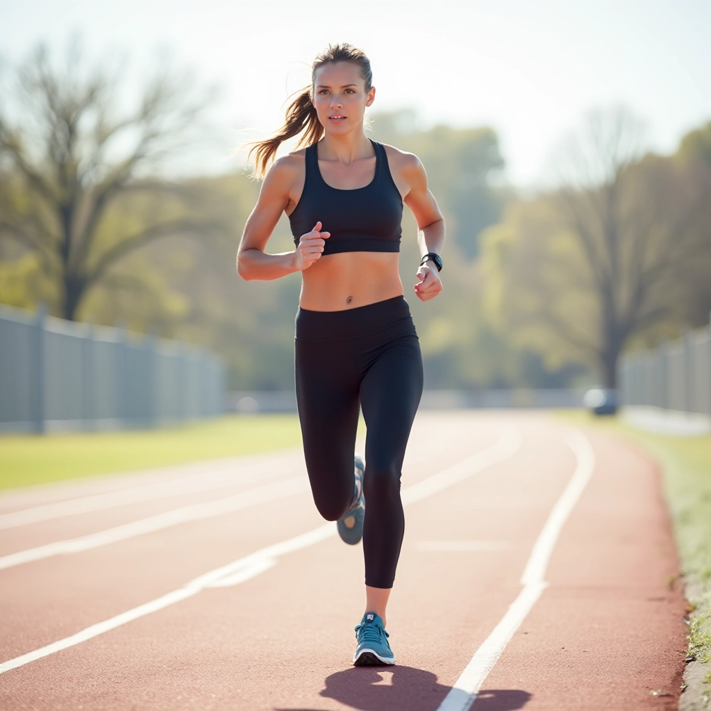 Professional athlete running on a paved track wearing quality running socks and athletic gear, motion captured with natural daylight