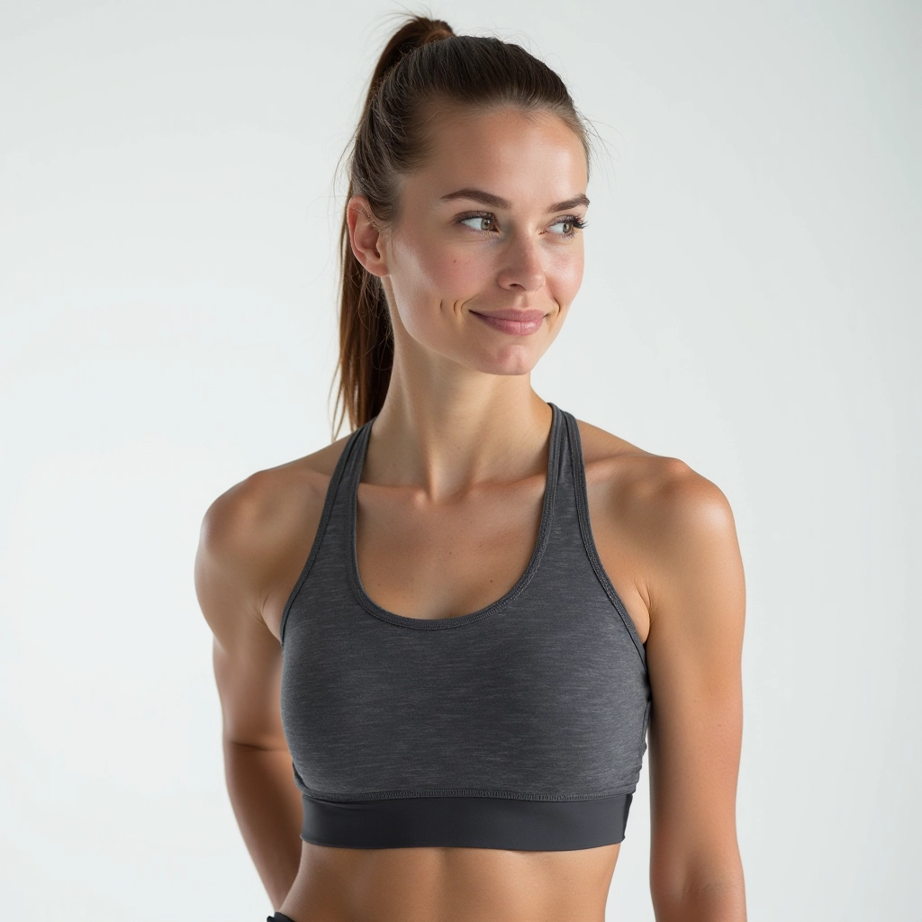 Athletic woman wearing charcoal grey training top, portrait from chest up, confident pose in bright fitness studio with natural light, showcasing fabric drape and fit