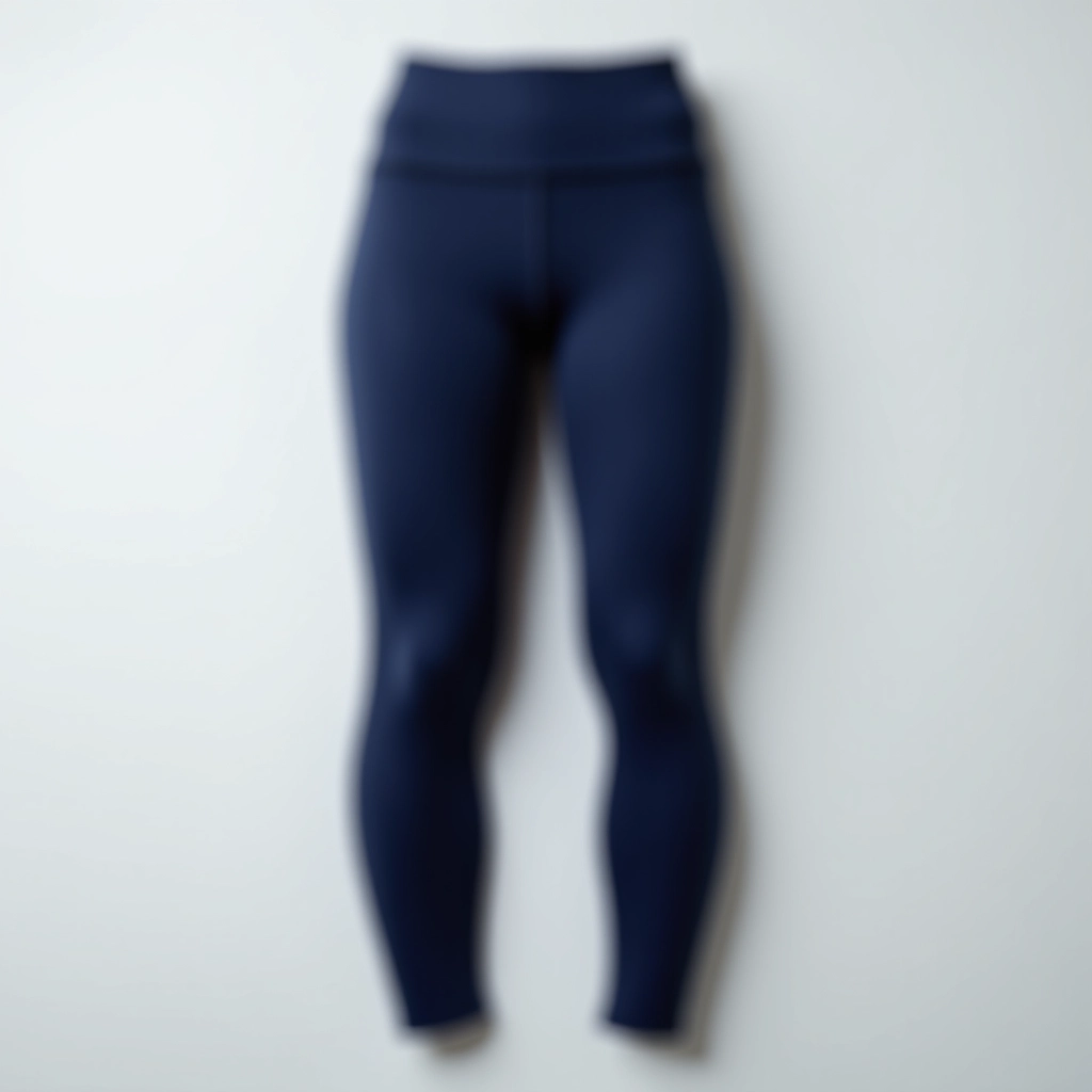 Deep navy compression tights laid flat on light grey background, product centered and fully visible, studio lighting highlighting fabric texture and sheen