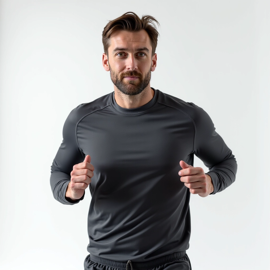 Male runner in charcoal training top during outdoor morning run, shown from torso up, natural daylight, active jogging motion