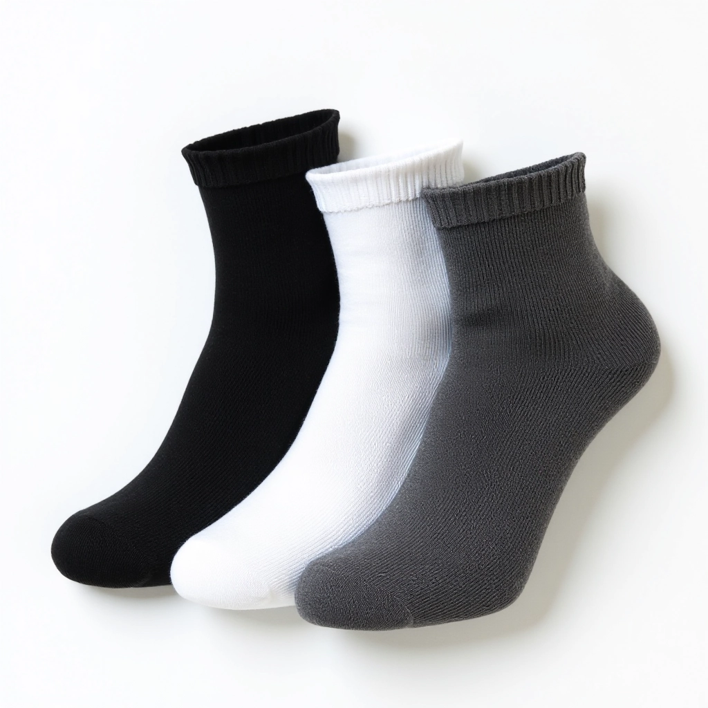 Three pairs of premium running socks in neutral colors, neatly folded and stacked, product photography with studio lighting